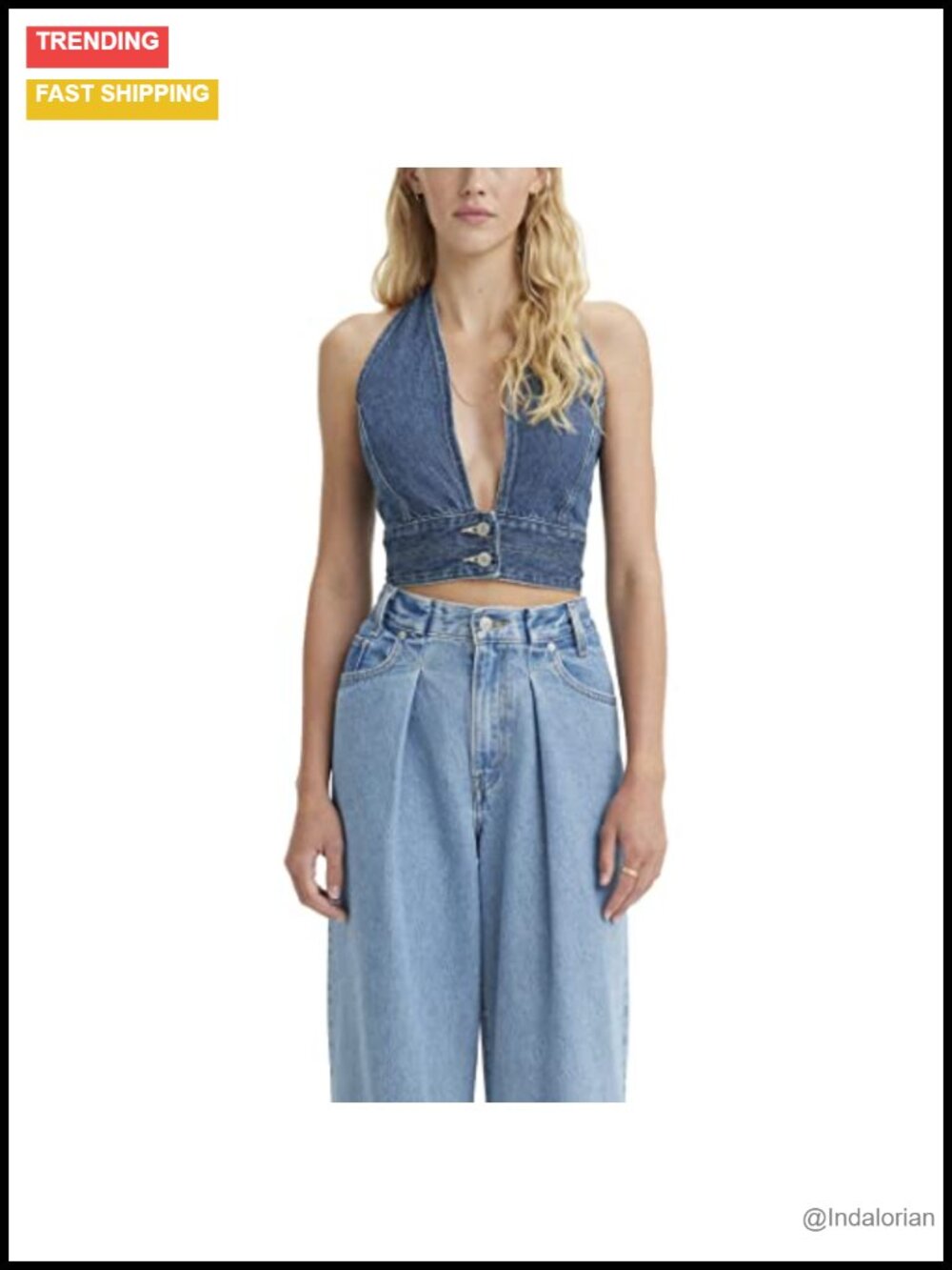 Denim Halter Top with Button Closure and Smocked Back